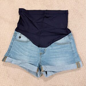 KanCan Navy Panel Light Wash Denim Maternity Shorts